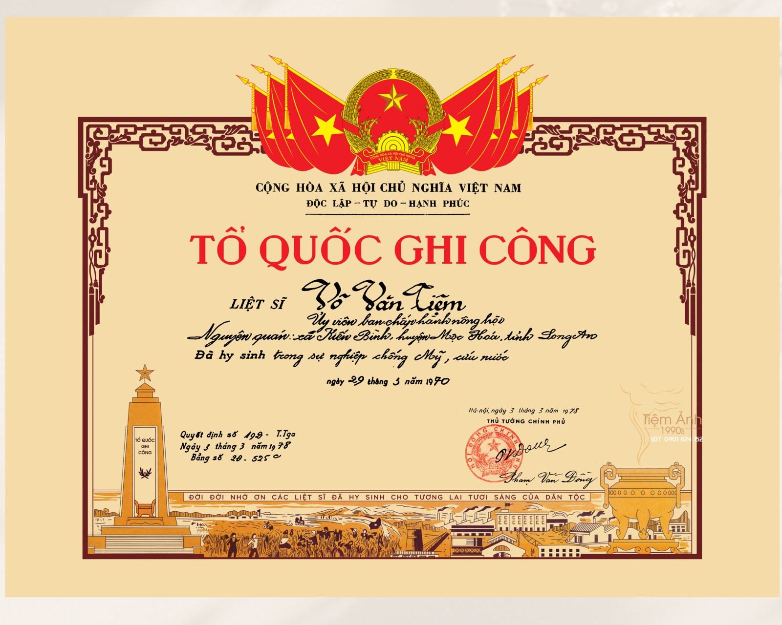 Phục hồi bằng tổ quốc ghi công giữ nguyên chữ viết tay