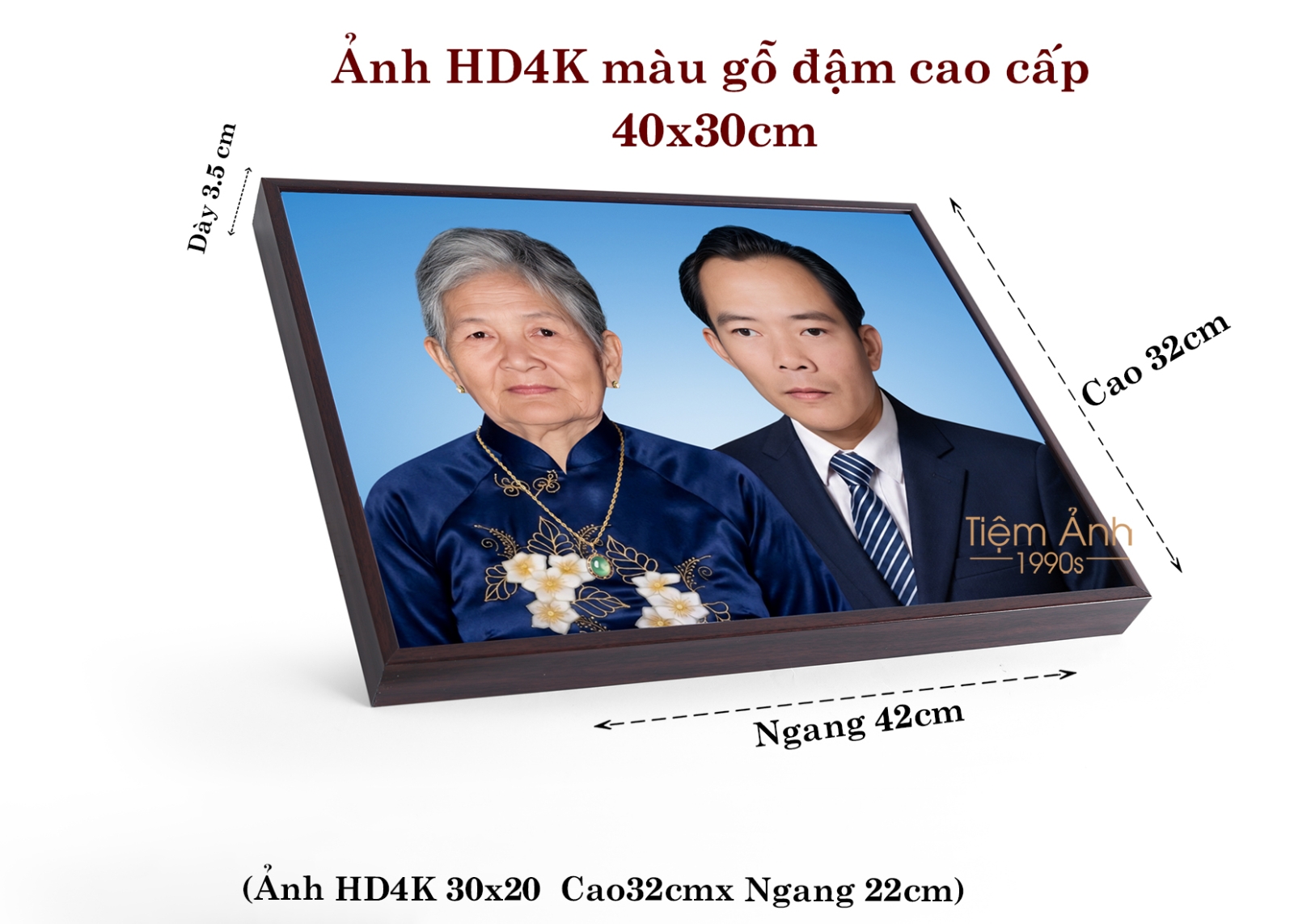 Ảnh thờ đôi HD4K khung màu gỗ đậm nền xanh mát dịu