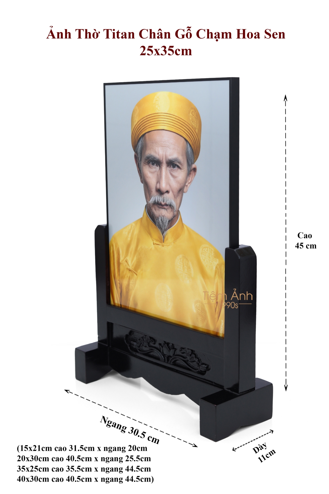 Tích thước Chân dung thờ khung titan chân gỗ chạm hoa sen 25x35cm
