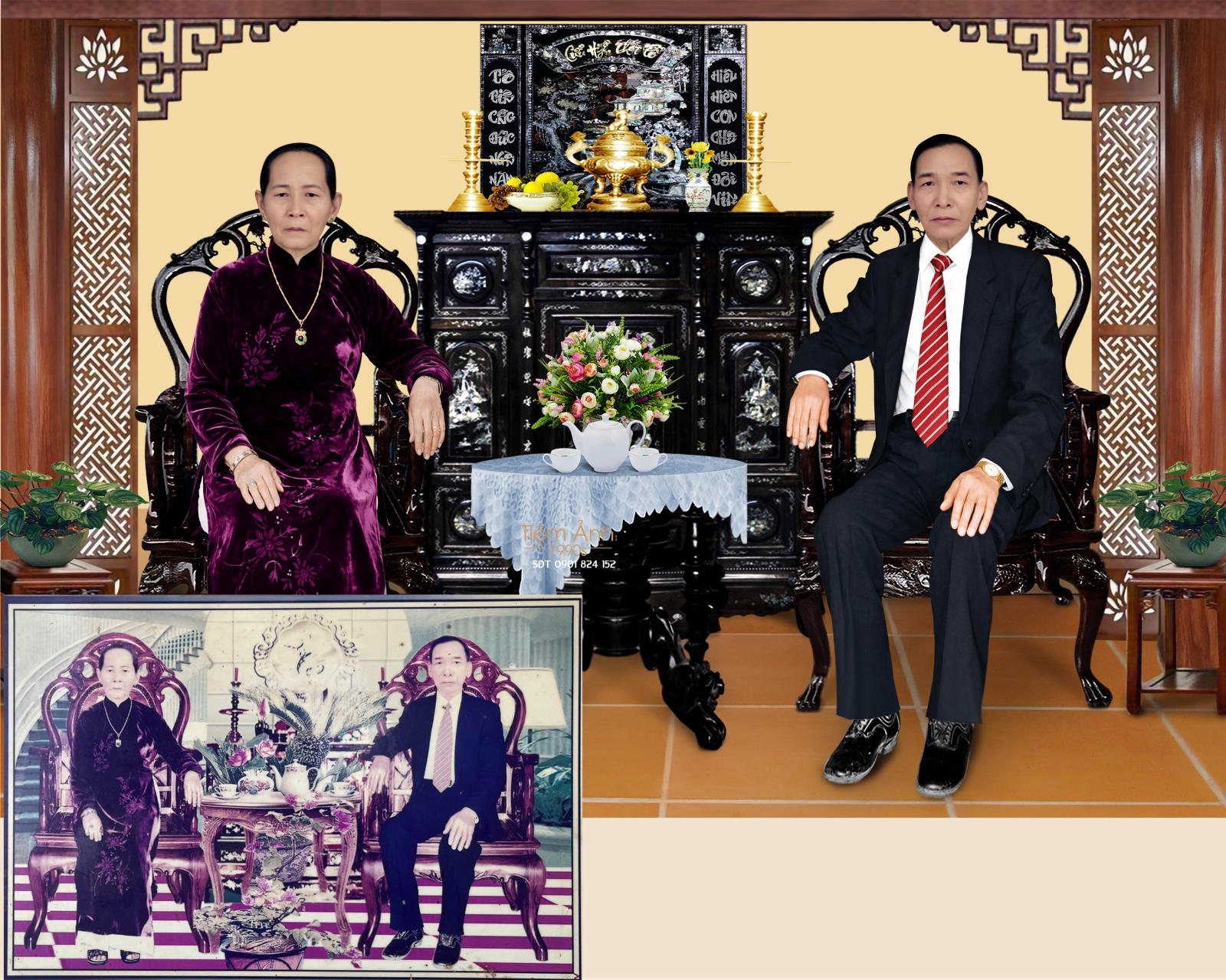 Ảnh thờ ngồi bàn trà đôi thay cảnh 