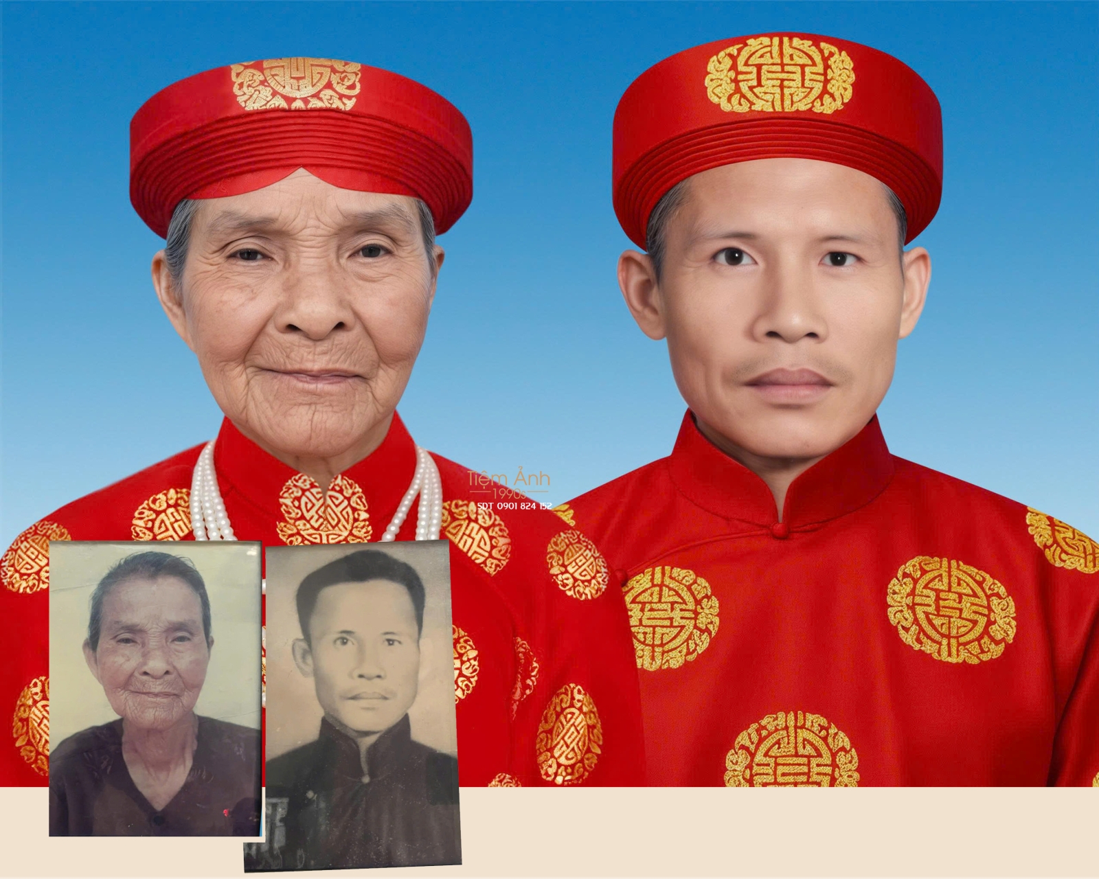 Ghép ảnh thờ đôi song thân áo dài chữ thọ