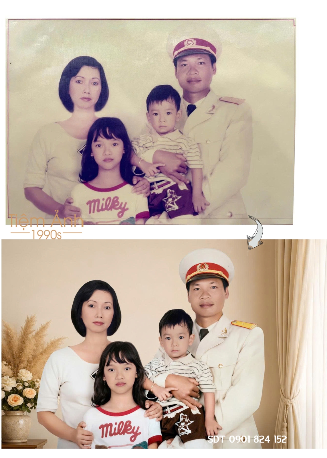 Ảnh gia đình ố vàng, mờ nét được phục dựng lại