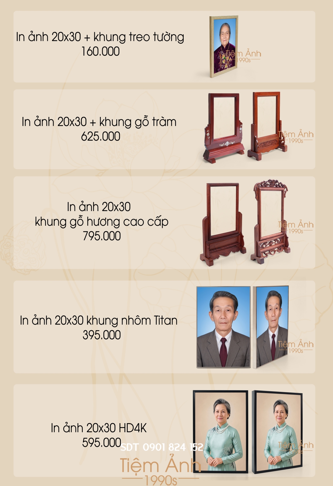 Bảng phí in làm ảnh thờ cho ông bà và khung (Chưa bao gồm phục hồi)
