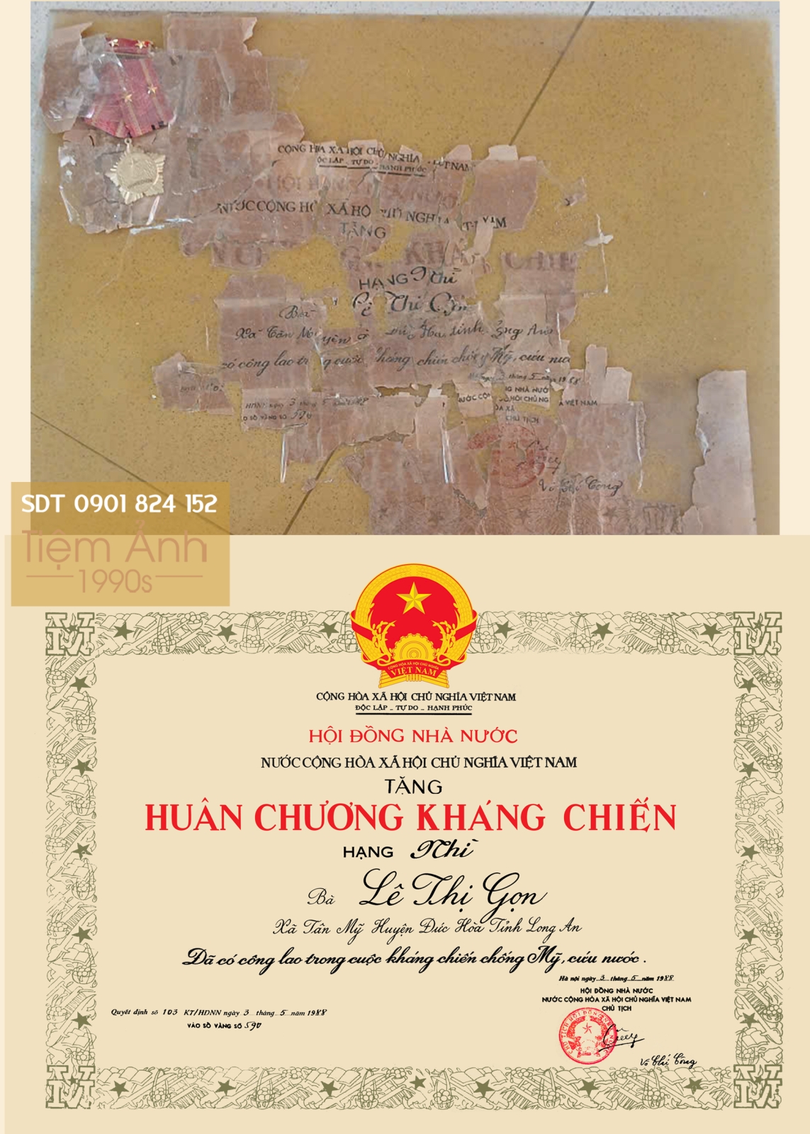 Phục hồi bằng huân chương kháng chiến  cũ bị hư hỏng