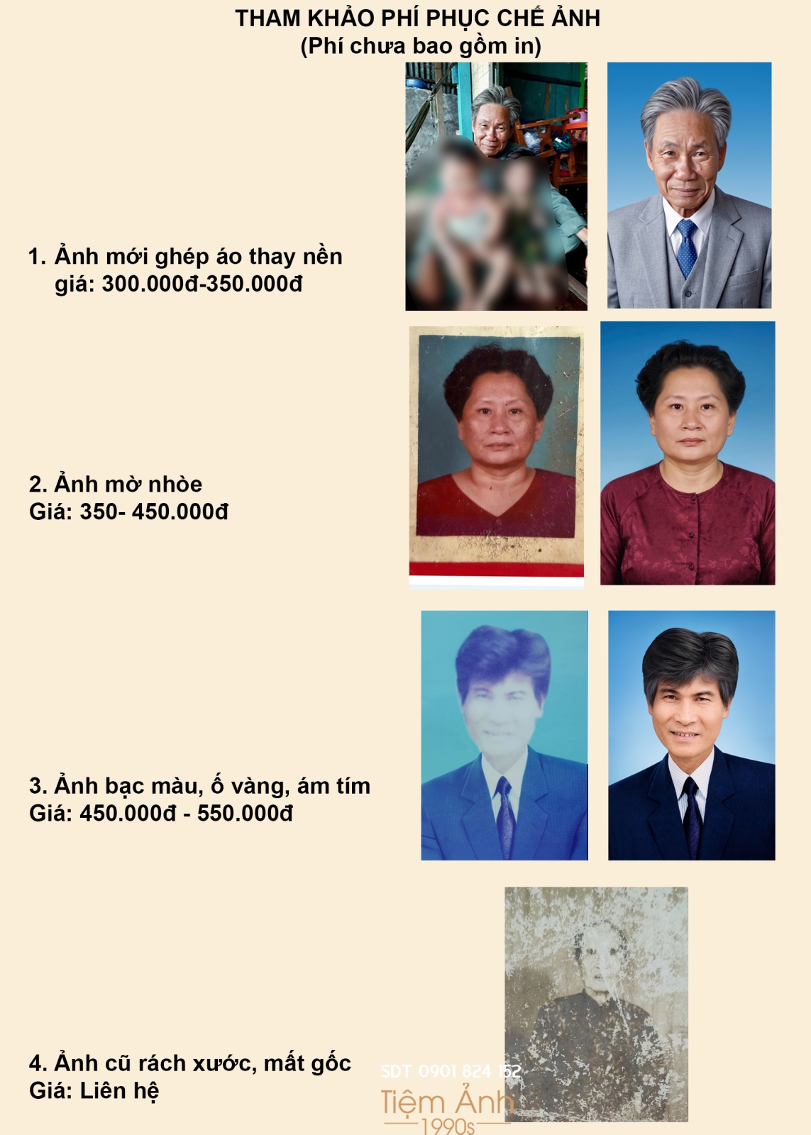 Bảng chi phí tham khảo giá phục chế ảnh tại Tiệm Ảnh 1990s