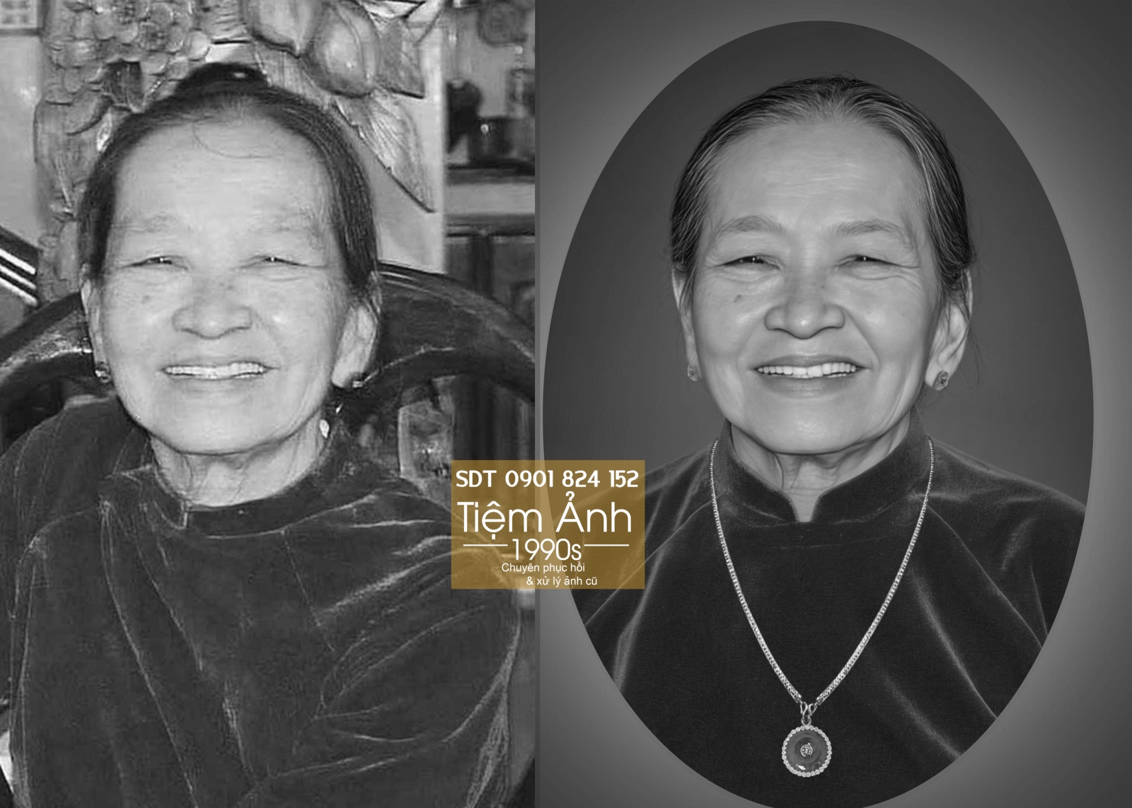 Thay nền và áo dài cho bà khi làm ảnh thờ