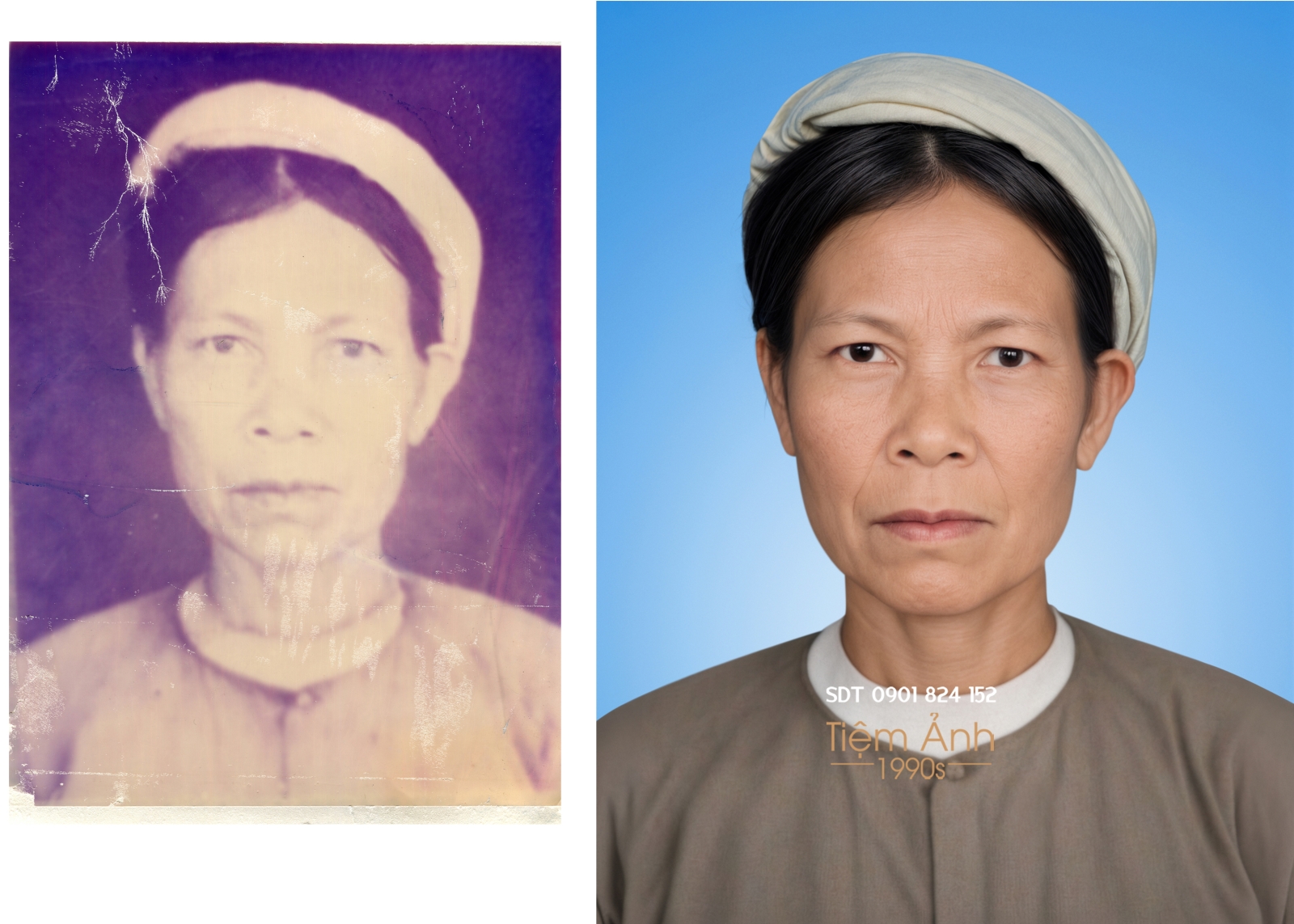 Ảnh thờ đen trắng lâu ngày bị ố vàng, rách nhòe