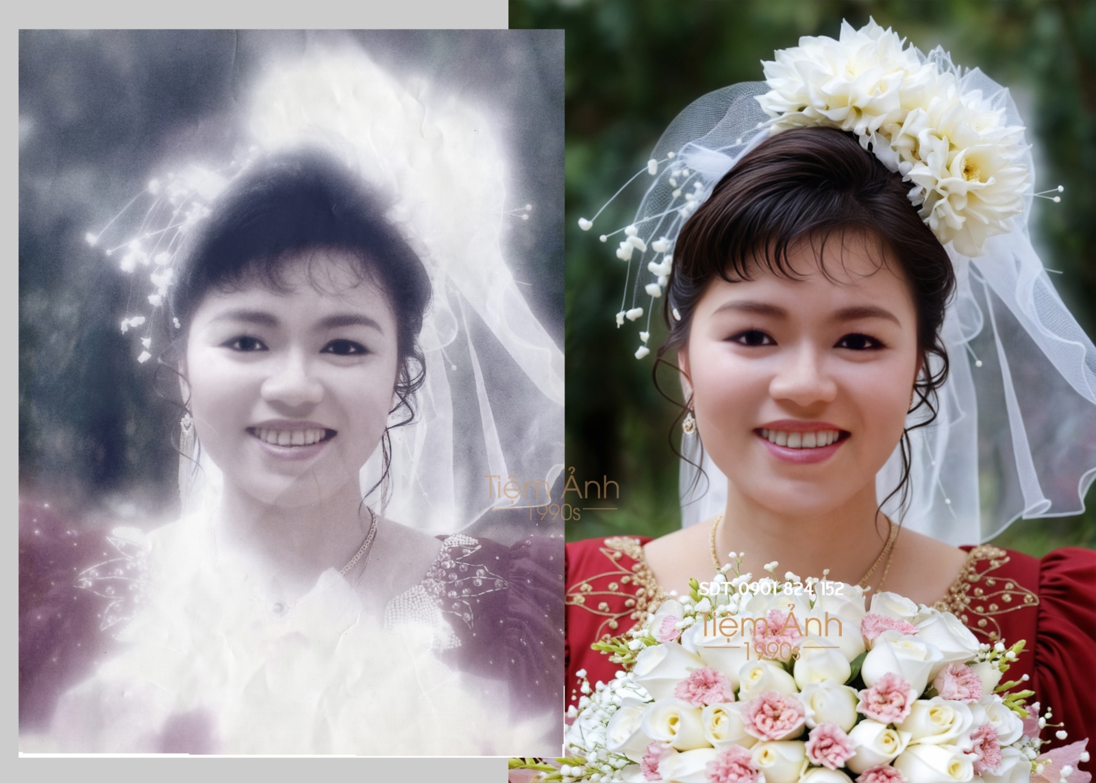 Phục hồi ảnh cưới cũ cần chú ý khuôn mặt, trang phục, hoa cưới và sắc độ tổng thể.