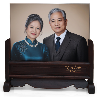 Chân Dung Thờ Đôi Viền Titan Gold 40x30cm Chân Gỗ Hương Cao Cấp 