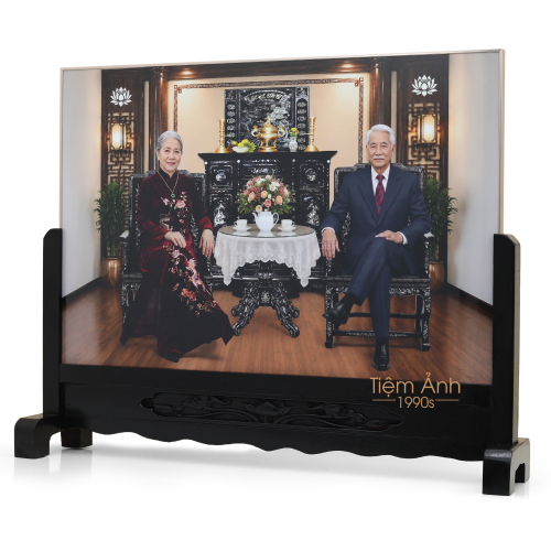 Ảnh Thờ Đôi Viền Titan 60x40cm Chân Gỗ Chạm Hoa Sen