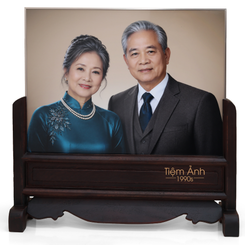 Chân Dung Thờ Đôi Viền Titan Gold 40x30cm Chân Gỗ Hương Cao Cấp 