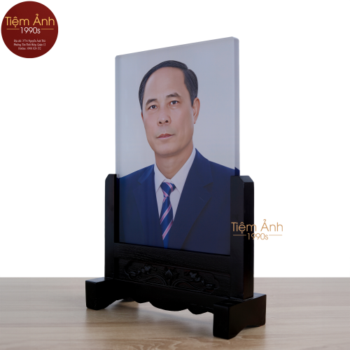 Ảnh Thờ Pha Lê Đế Gỗ Chạm Hoa Văn Size 25x35cm