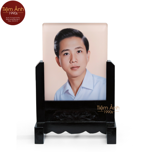 Ảnh Thờ Pha Lê Đế Gỗ Chạm Hoa Văn Size 20x25cm